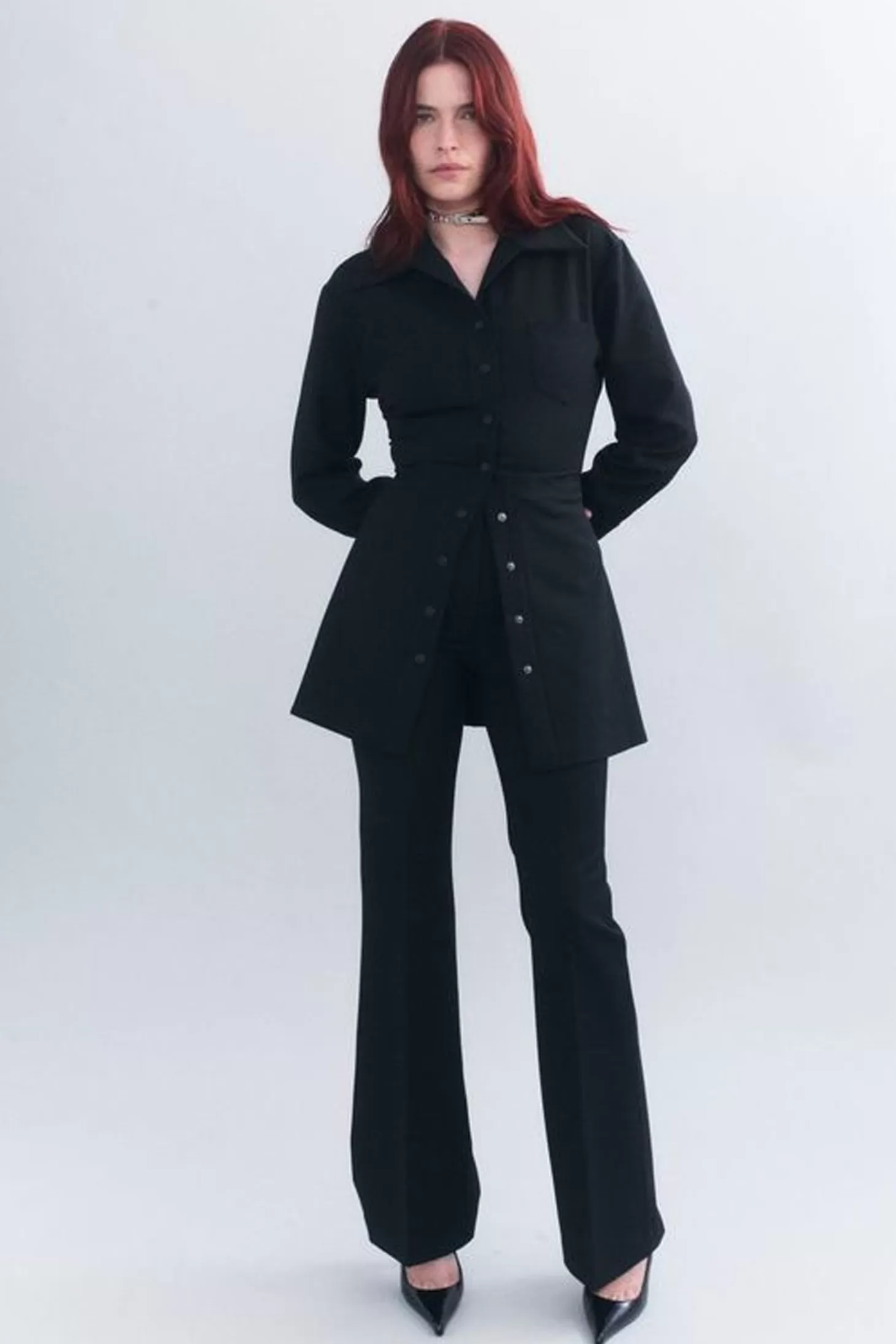 Tops<COURTNEY ZHENG BEATRIX STRETCH WOOL LONGLINE SHIRT Black