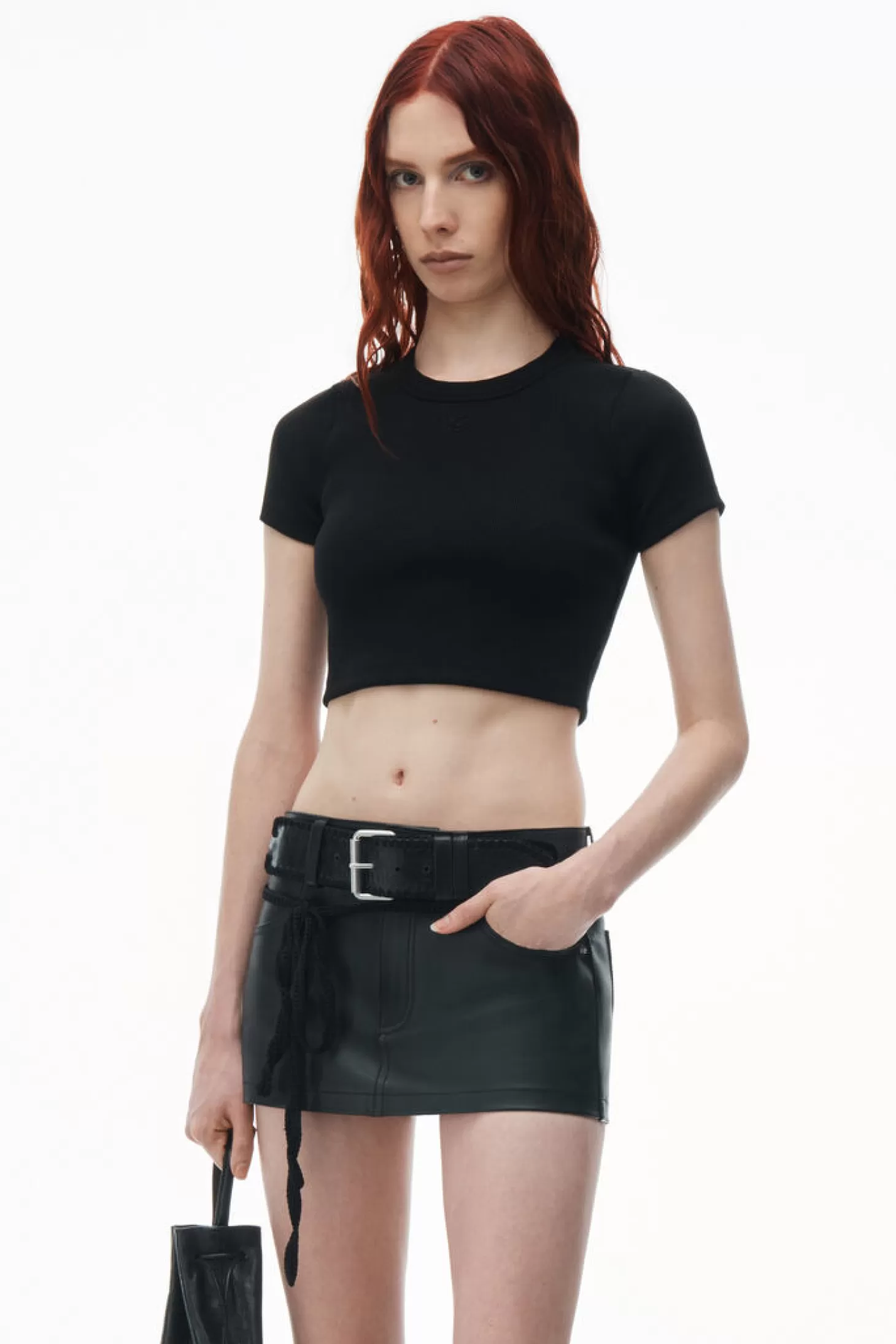 Tops<ALEXANDERWANG.T CROPPED SHORT SLEEVE TOP WITH EMBOSSED LOGO