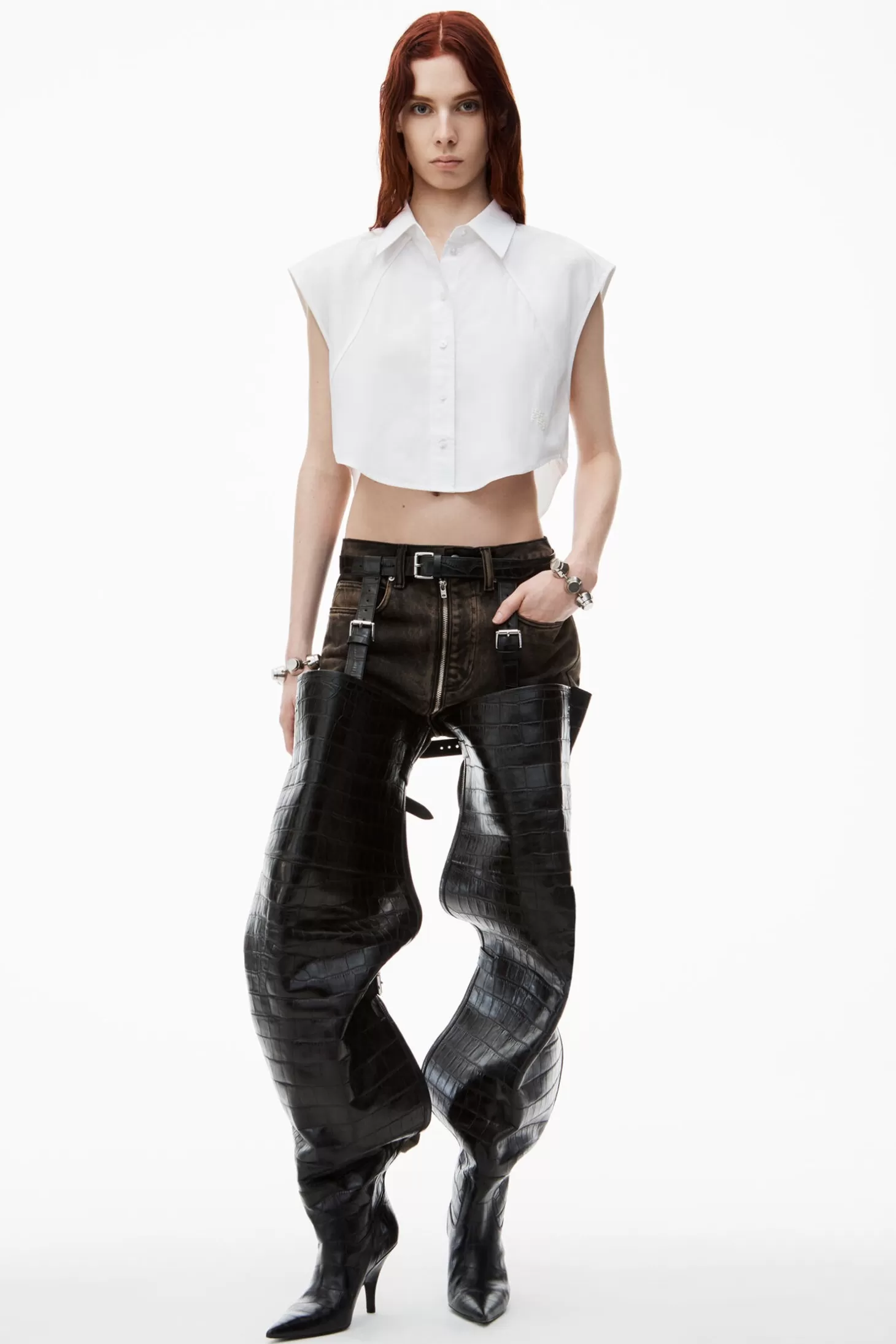 Tops<ALEXANDERWANG.T CROPPED SLEEVELESS BUTTON DOWN WITH PIPING