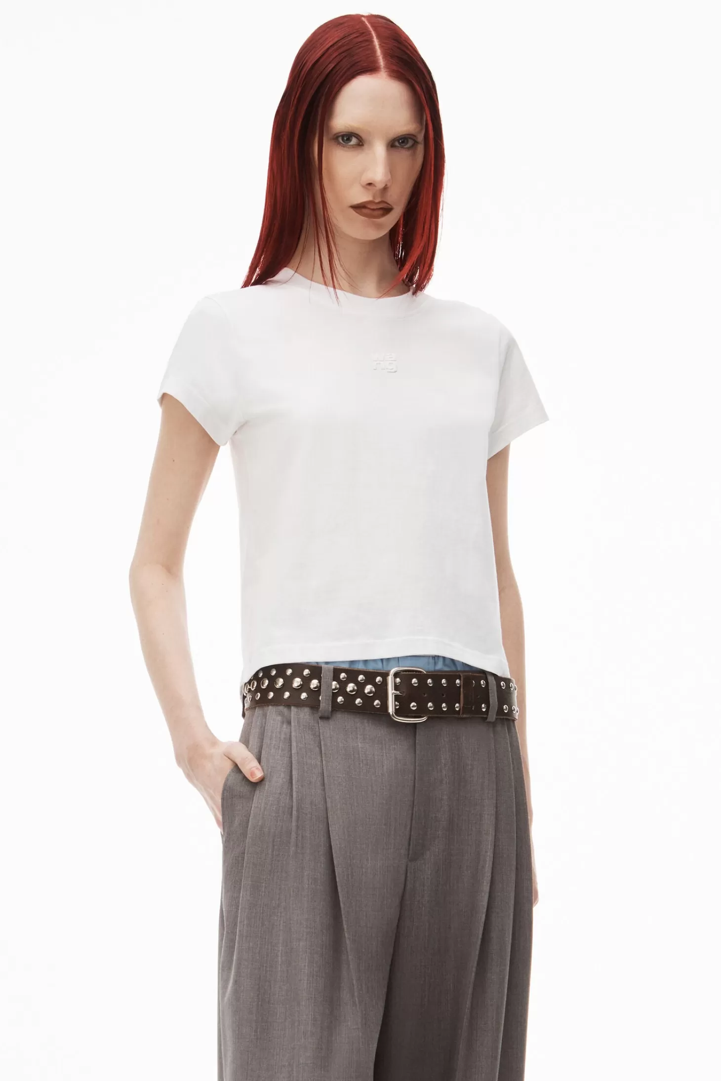 Tops<ALEXANDERWANG.T ESSENTIAL JERSEY SHRUNK TEE WITH PUFF LOGO & BOUND NECK White