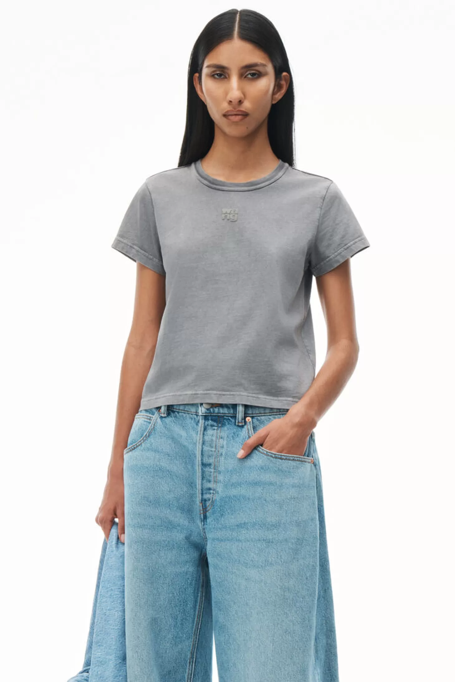 Tops<ALEXANDERWANG.T ESSENTIAL JSY SHRUNK TEE W/PUFF LOGO & BOUND NECK