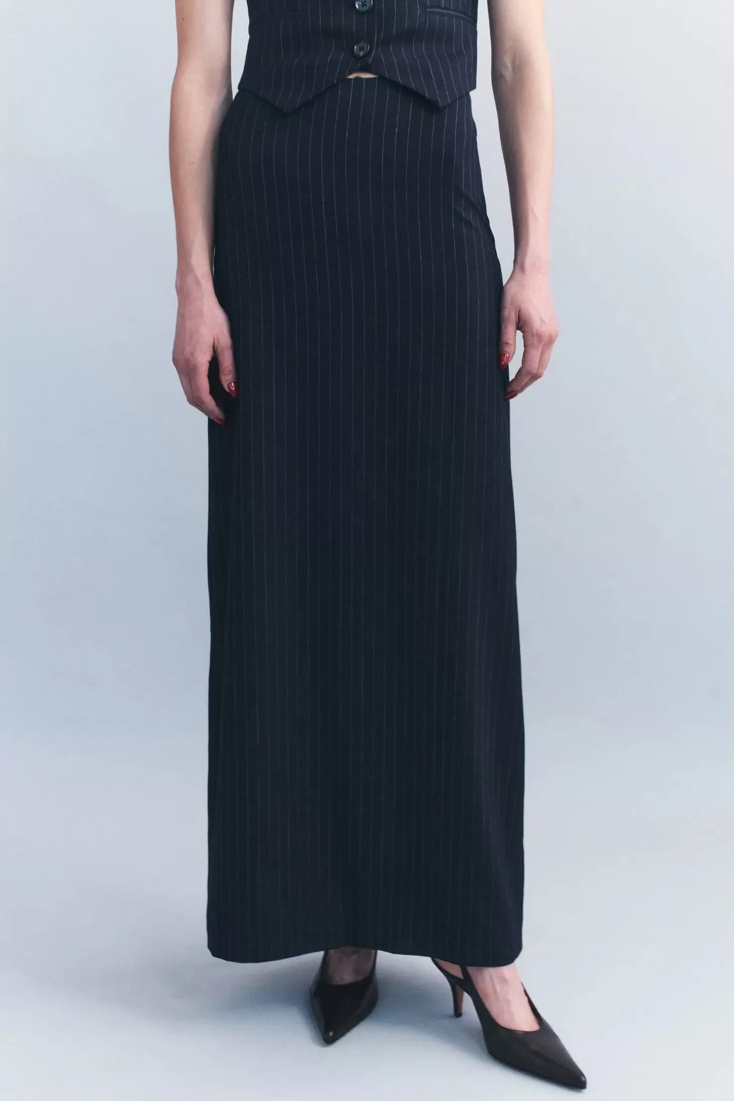 Skirts<COURTNEY ZHENG MILA WOOL COLUMN SKIRT NavyPinstripe