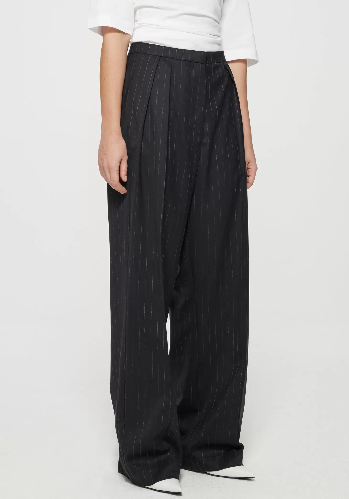 Pants<RÓHE WIDE LEG PINSTRIPE TROUSERS Black/GreyStripe